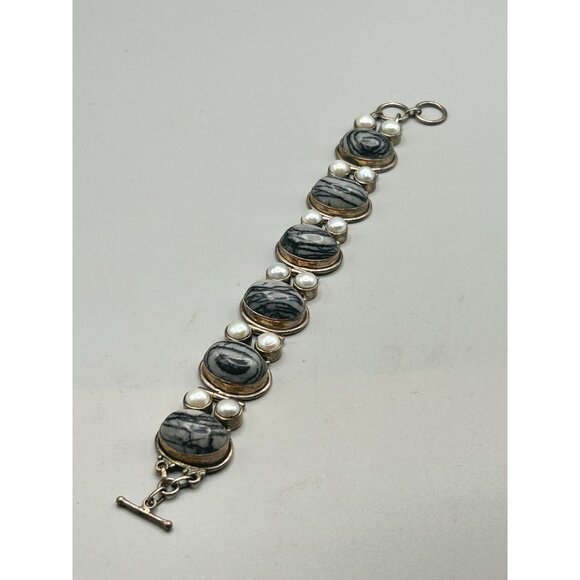 Grey Jasper & Pearls Bracelet Sterling Silver 925 Semi Rigid Long Toggle Clasp - Picture 2 of 8